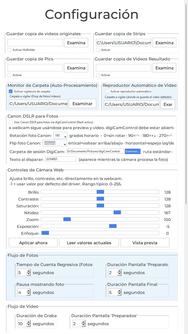 Panel de configuración